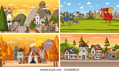 Set of different scene medieval illustration
