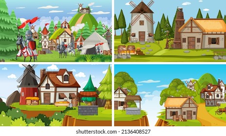 Set of different scene medieval illustration