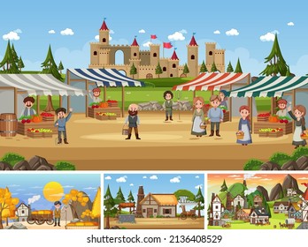 Set of different scene medieval illustration