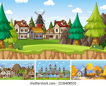 Set of different scene medieval illustration