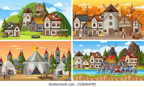 Set of different scene medieval illustration