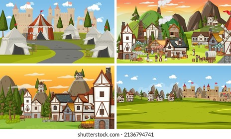 Set of different scene medieval illustration