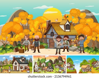 Set of different scene medieval illustration