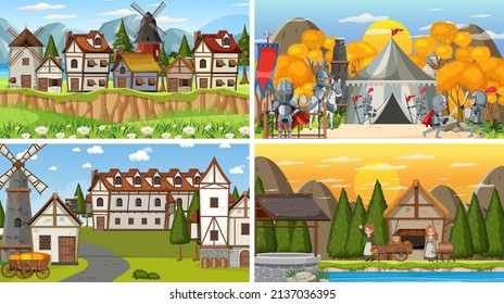 Set of different scene medieval illustration