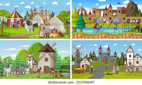 Set of different scene medieval illustration