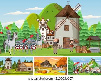 Set of different scene medieval illustration
