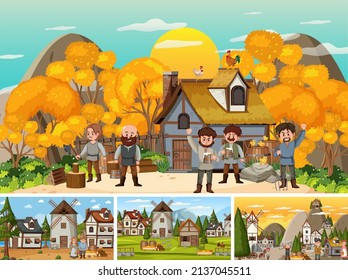 Set of different scene medieval illustration