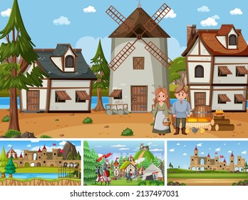Set of different scene medieval illustration
