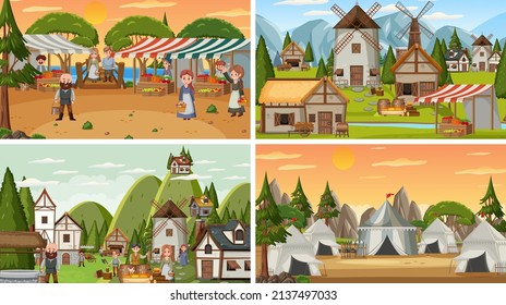 Set of different scene medieval illustration