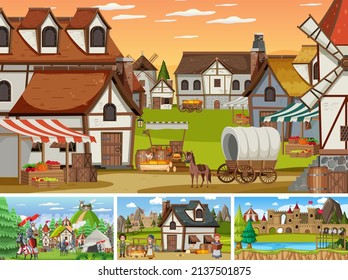 Set of different scene medieval illustration
