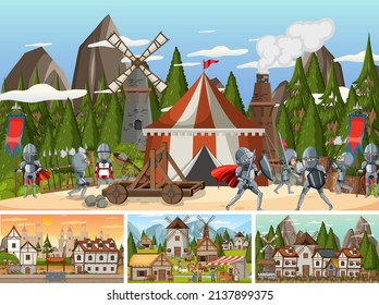 Set of different scene medieval illustration