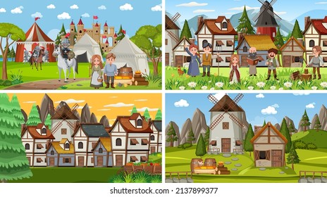 Set of different scene medieval illustration