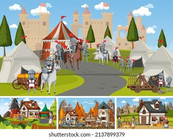 Set of different scene medieval illustration