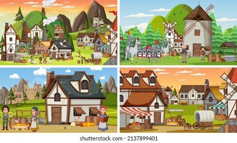Set of different scene medieval illustration