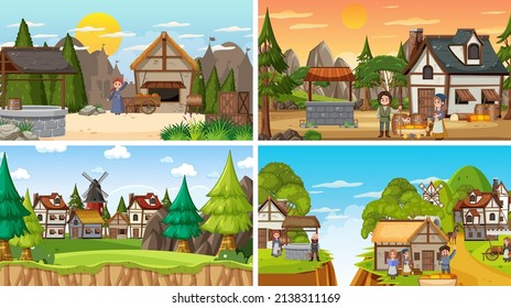 Set of different scene medieval illustration