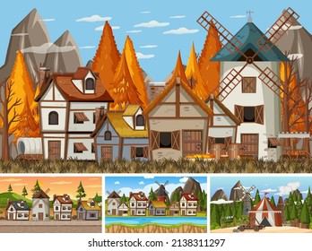 Set of different scene medieval illustration