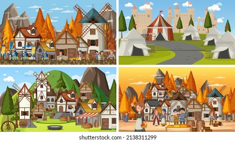 Set of different scene medieval illustration