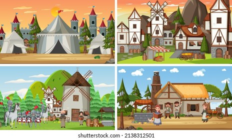 Set of different scene medieval illustration