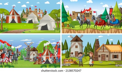 Set of different scene medieval illustration
