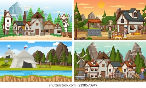 Set of different scene medieval illustration