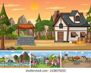 Set of different scene medieval illustration