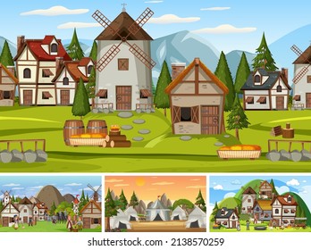 Set of different scene medieval illustration