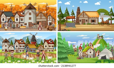 Set of different scene medieval illustration