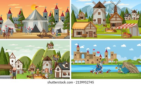 Set of different scene medieval illustration