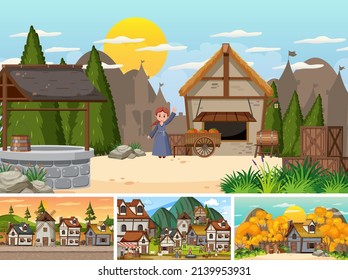Set of different scene medieval illustration