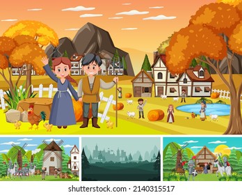 Set of different scene medieval illustration