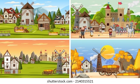 Set of different scene medieval illustration