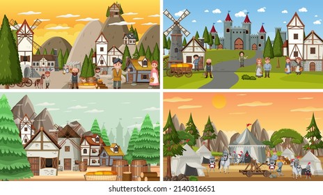 Set of different scene medieval illustration