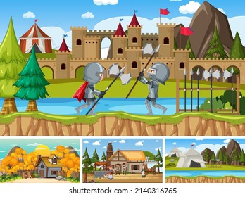 Set of different scene medieval illustration