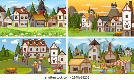 Set of different scene medieval illustration