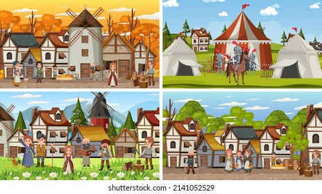 Set of different scene medieval illustration