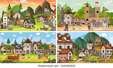 Set of different scene medieval illustration
