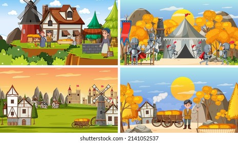 Set of different scene medieval illustration