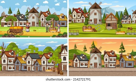 Set of different scene medieval illustration