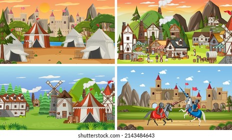 Set of different scene medieval illustration