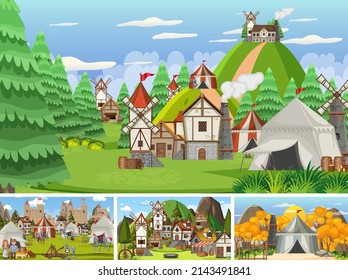 Set of different scene medieval illustration