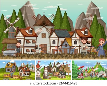 Set of different scene medieval illustration