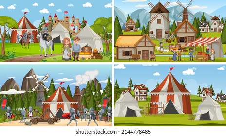 Set of different scene medieval illustration