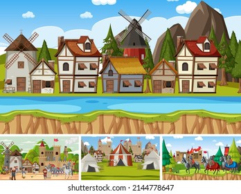 Set of different scene medieval illustration