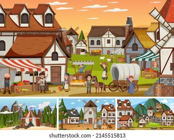Set of different scene medieval illustration