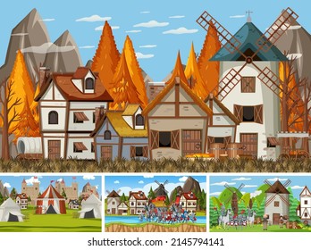 Set of different scene medieval illustration