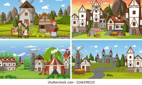 Set of different scene medieval illustration