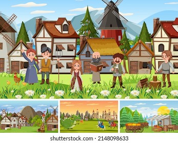 Set of different scene medieval illustration