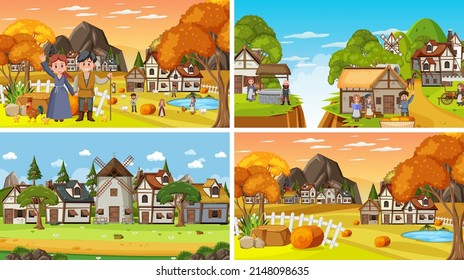 Set of different scene medieval illustration