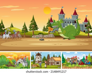 Set of different scene medieval illustration