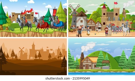Set of different scene medieval with silhouette  illustration